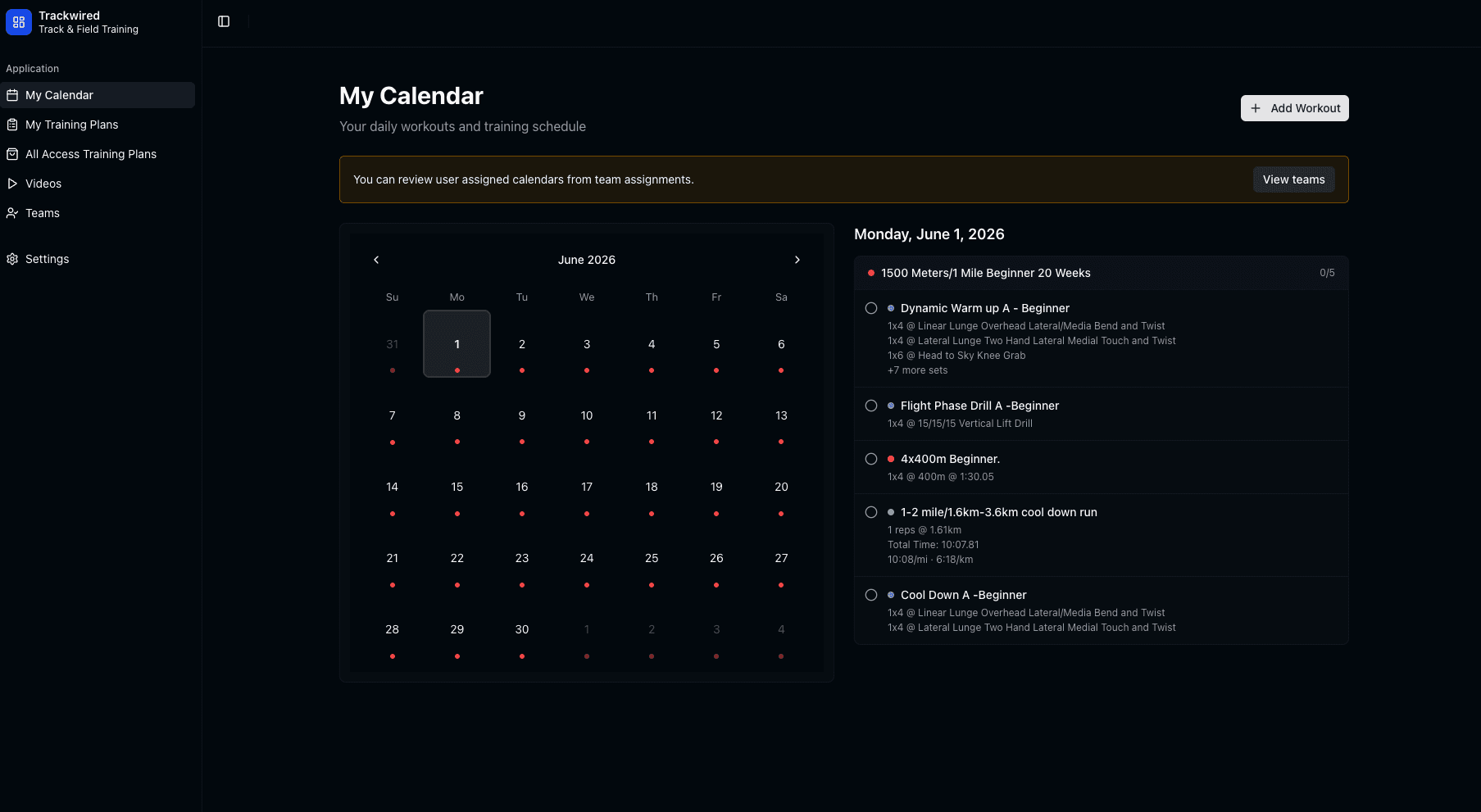 Trackwired calendar and training app interface
